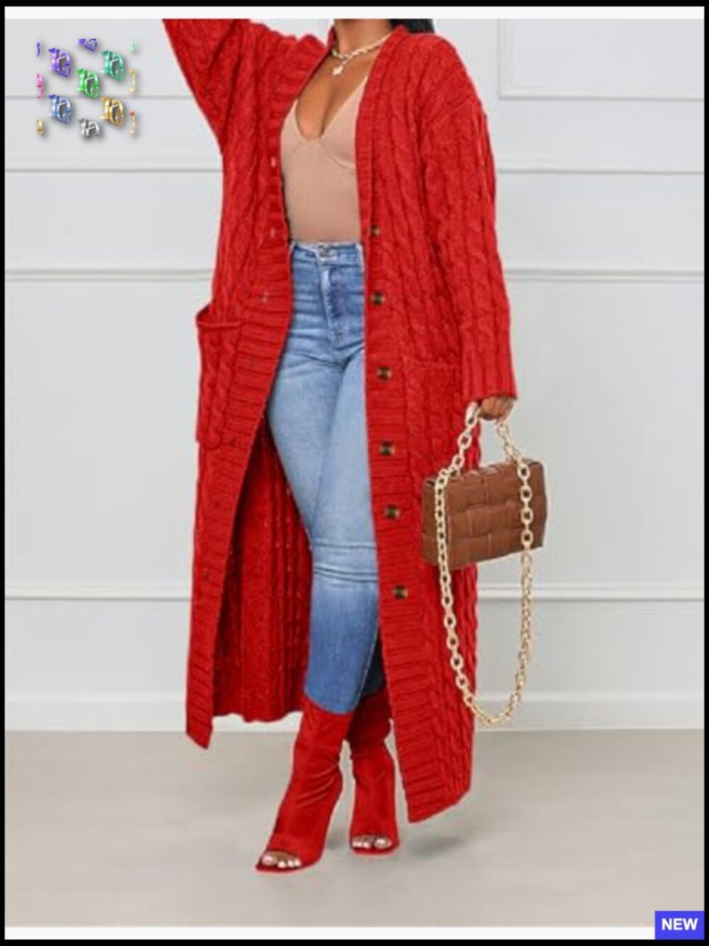 Chunky Cable Knit Maxi Cardigan with Pockets Loose Fit V-Neck Pullover - Picture 3 of 7